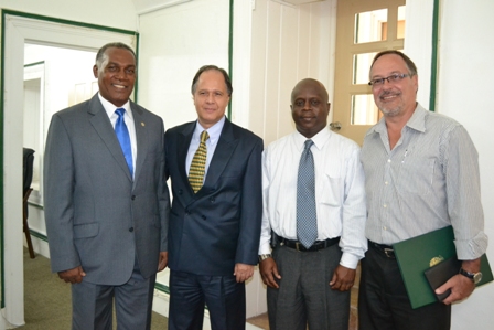 (L-R) Premier of Nevis Hon. Vance Amory, Brazilian Ambassador to St. Kitts and Nevis His Excellency Douglas Vasconcellos, Wakely Daniel Principal Assistant Secretary in the Premier’s Ministry and Emilio Raro, Vice Consul of Brazil in St. Kitts and Nevis